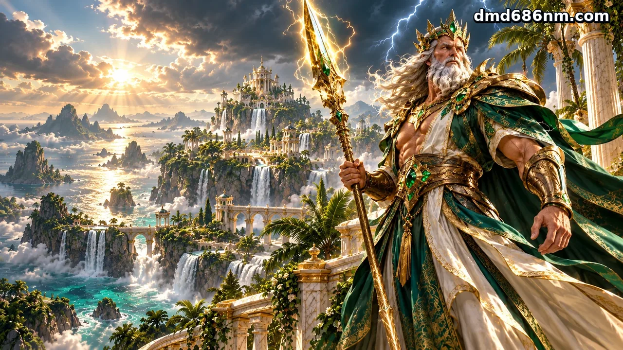 dmd686 — Raja Petir Zamrud dalam zirah hijau dan emas dengan pedang petir